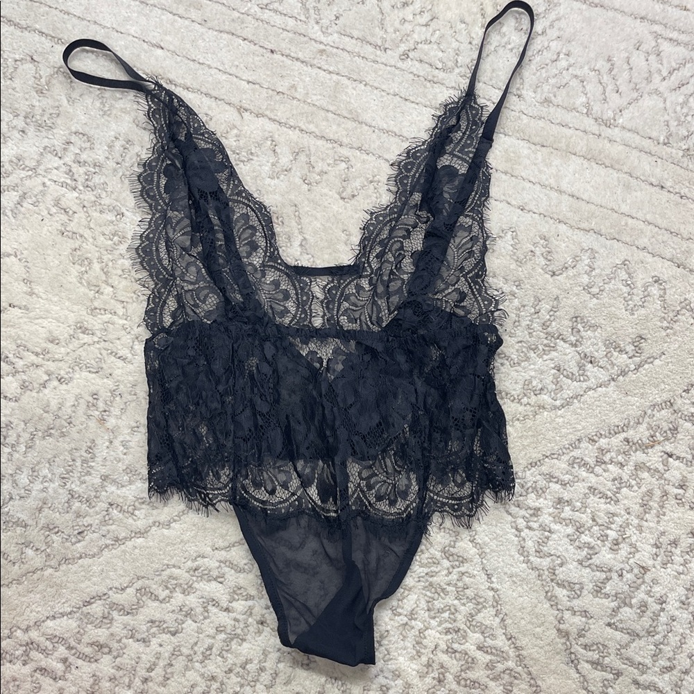 Elegant Black Lace Bodysuit Sexy Lingerie Thong Small